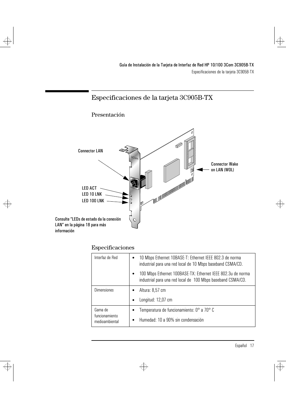 Especificaciones de la tarjeta 3c905b-tx, Presentación especificaciones | HP 3C905B-TX User Manual | Page 83 / 110