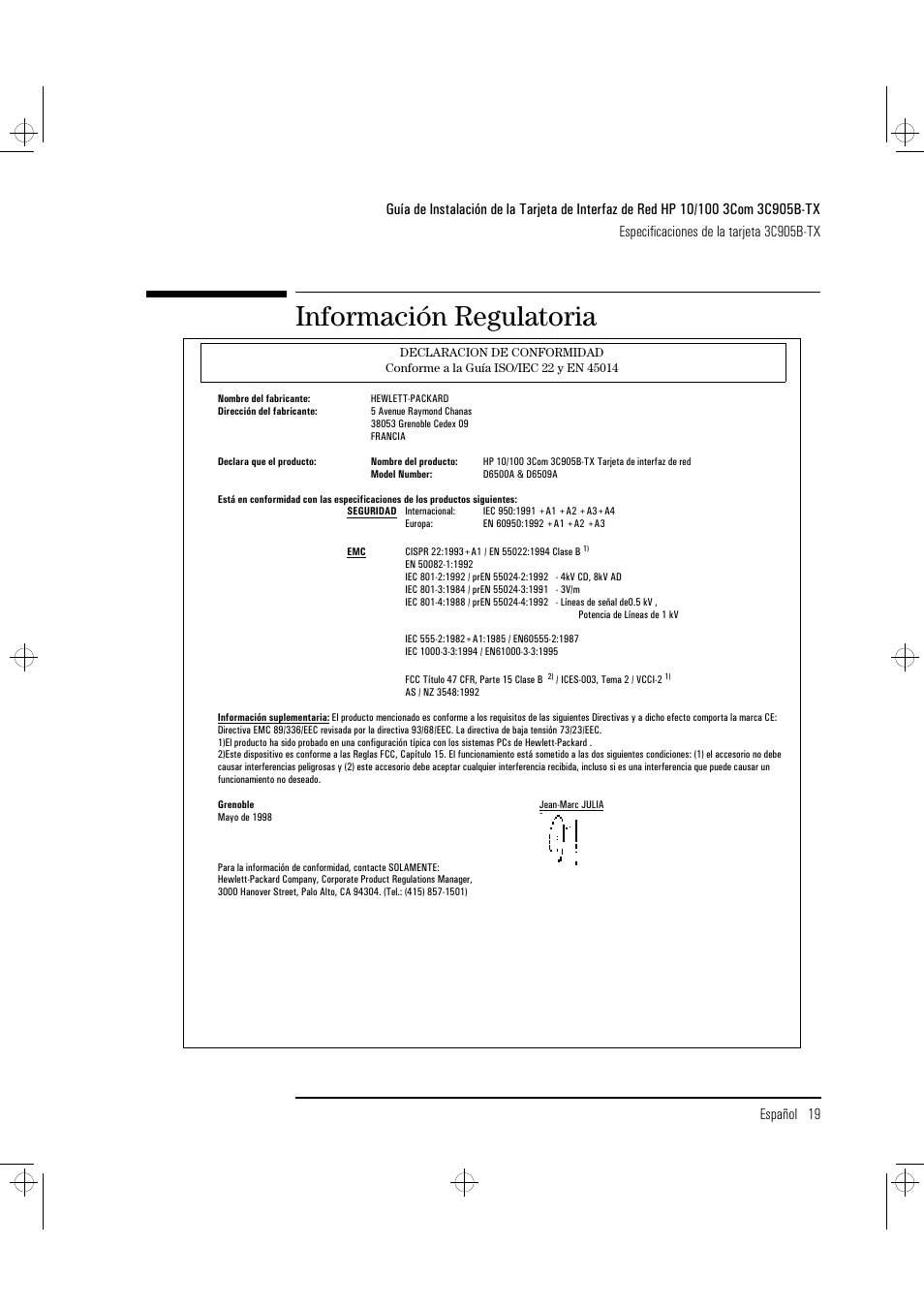 Información regulatoria | HP 3C905B-TX User Manual | Page 85 / 110