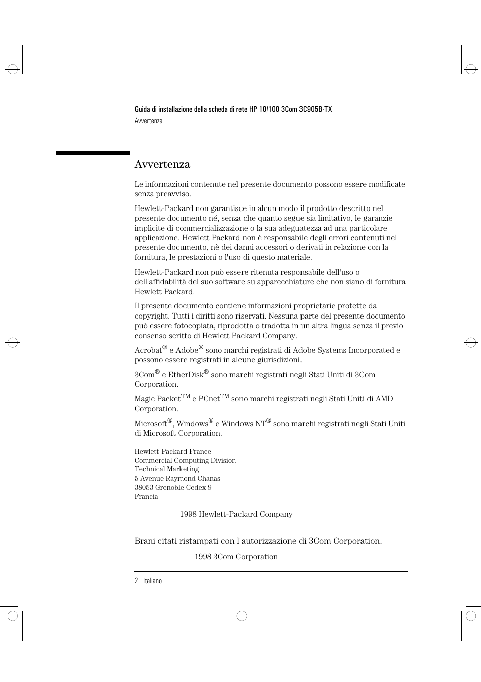 Avvertenza | HP 3C905B-TX User Manual | Page 90 / 110