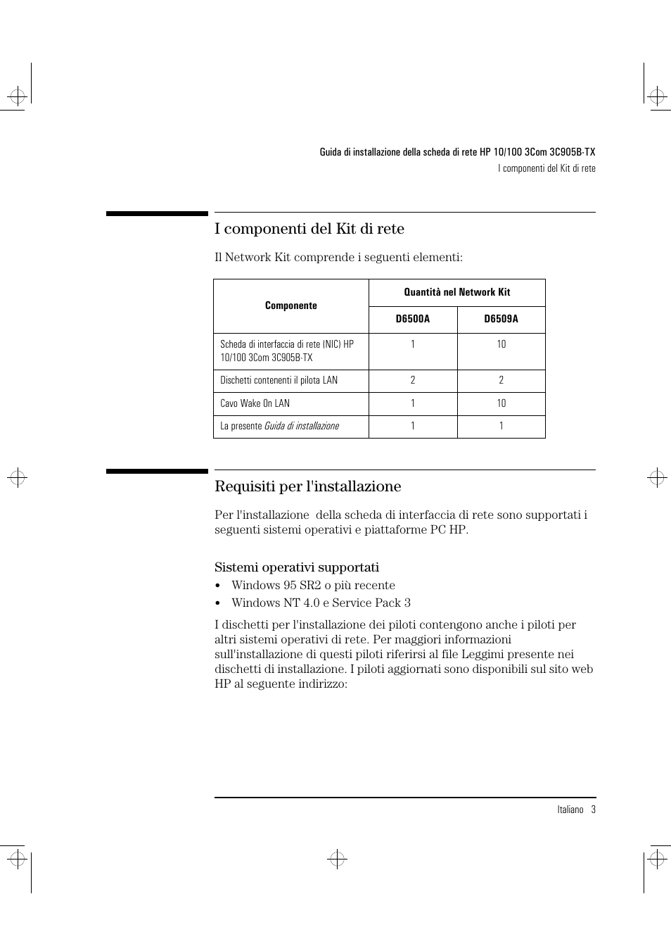 I componenti del kit di rete, Requisiti per l'installazione | HP 3C905B-TX User Manual | Page 91 / 110