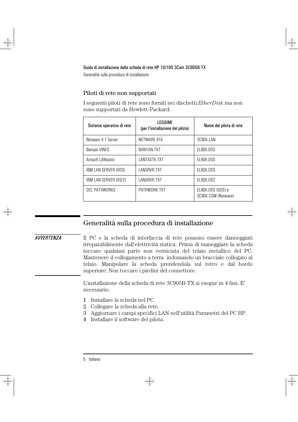 Generalità sulla procedura di installazione | HP 3C905B-TX User Manual | Page 94 / 110
