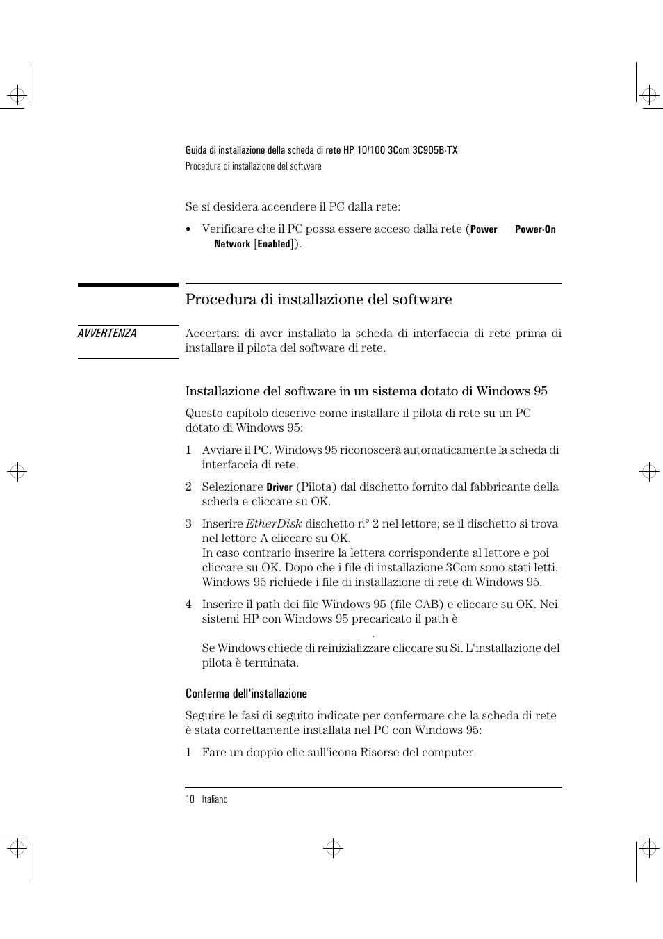 Procedura di installazione del software | HP 3C905B-TX User Manual | Page 98 / 110