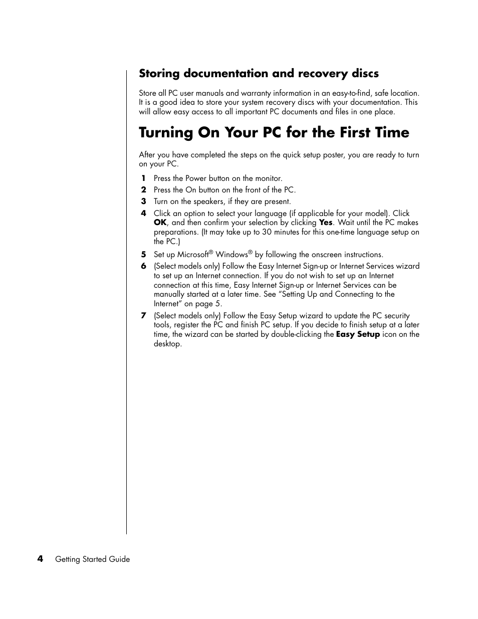 Storing documentation and recovery discs, Turning on your pc for the first time | HP PC User Manual | Page 10 / 120
