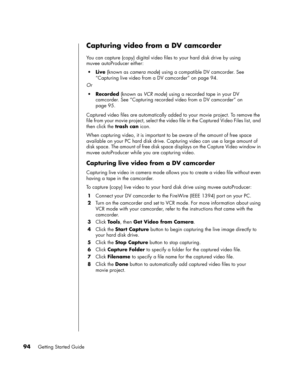 Capturing video from a dv camcorder | HP PC User Manual | Page 100 / 120
