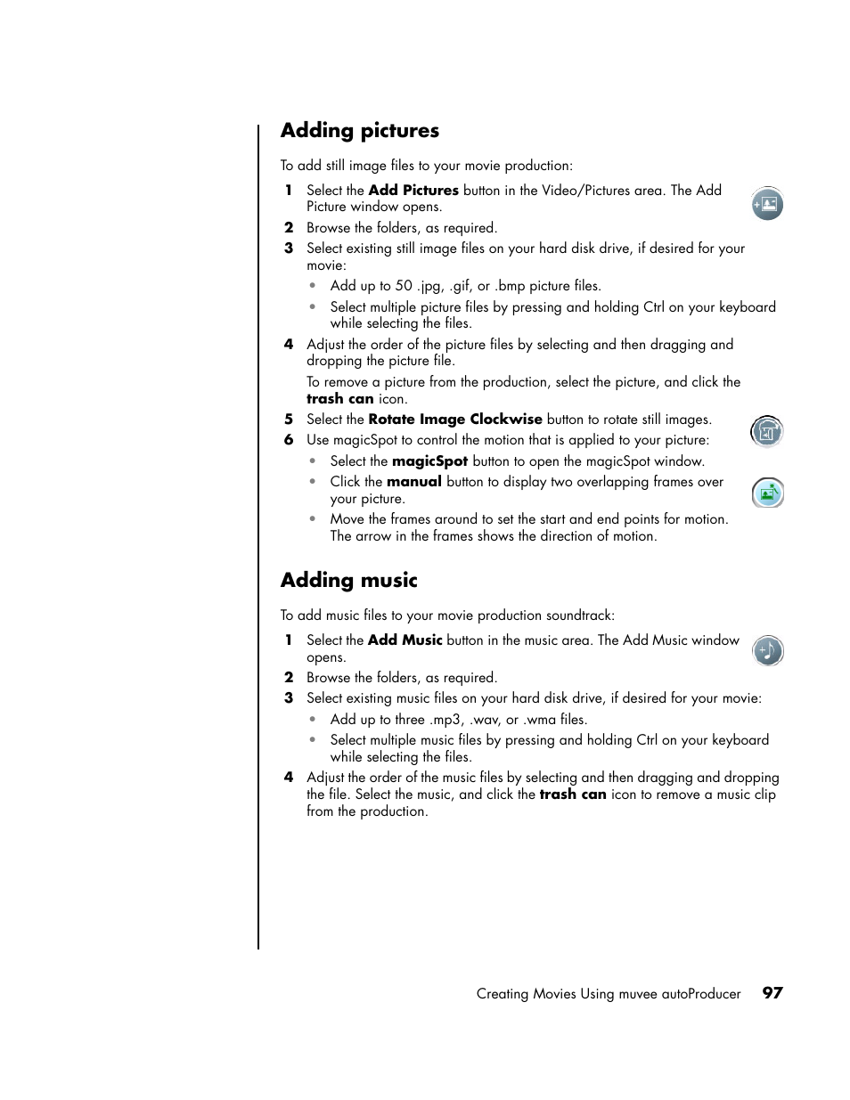 Adding pictures, Adding music, Adding pictures adding music | HP PC User Manual | Page 103 / 120