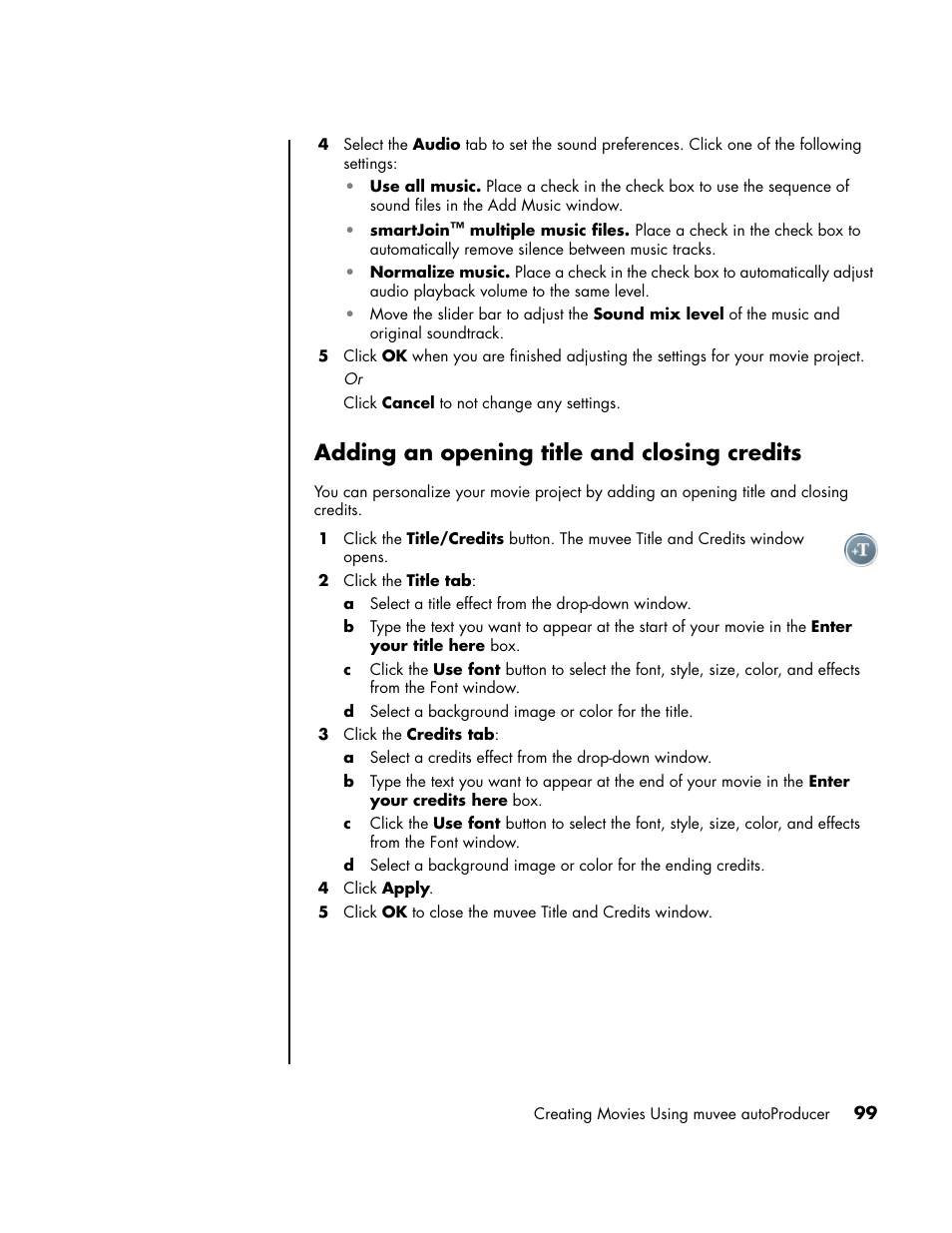 Adding an opening title and closing credits | HP PC User Manual | Page 105 / 120