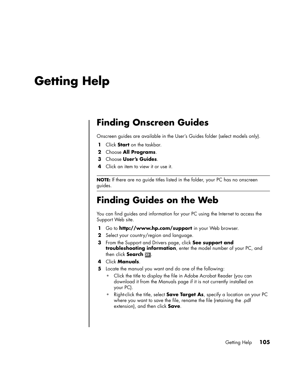 Getting help, Finding onscreen guides, Finding guides on the web | HP PC User Manual | Page 111 / 120
