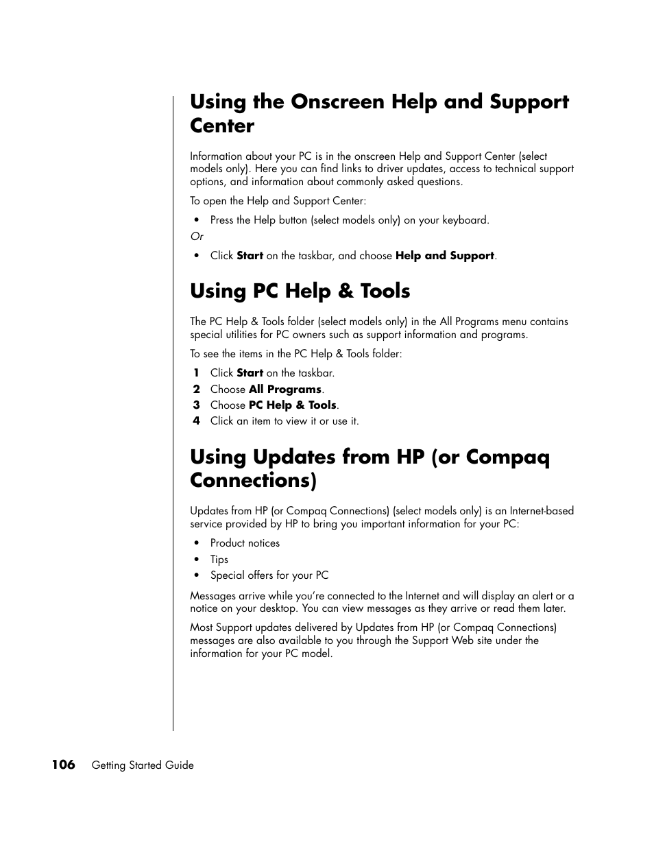 Using the onscreen help and support center, Using pc help & tools, Using updates from hp (or compaq connections) | HP PC User Manual | Page 112 / 120
