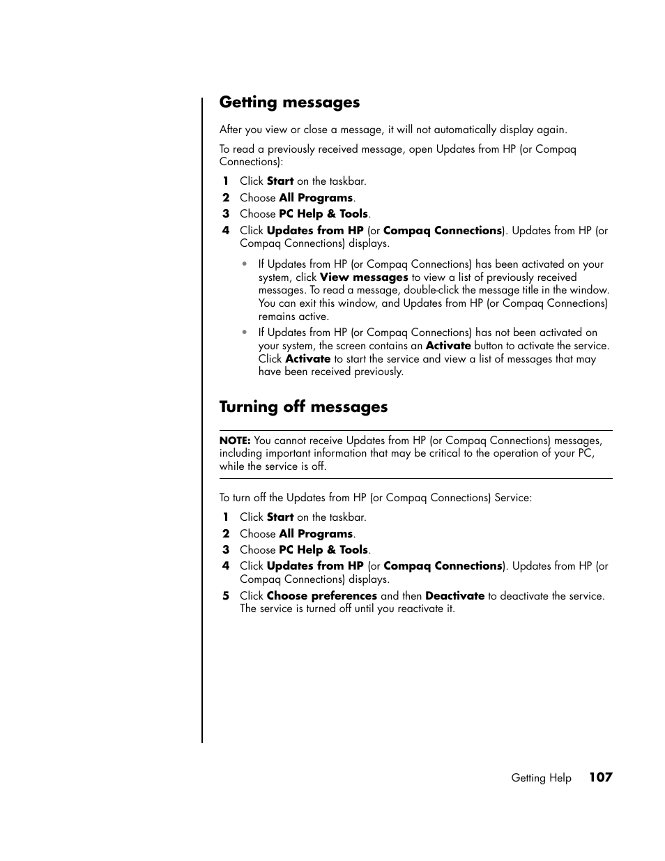 Getting messages, Turning off messages, Getting messages turning off messages | HP PC User Manual | Page 113 / 120