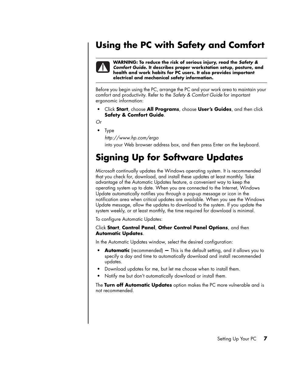 Using the pc with safety and comfort, Signing up for software updates | HP PC User Manual | Page 13 / 120