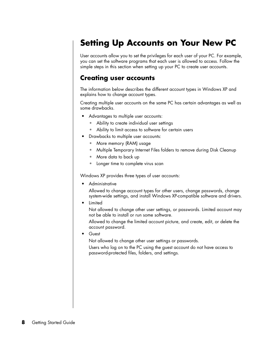 Setting up accounts on your new pc, Creating user accounts | HP PC User Manual | Page 14 / 120
