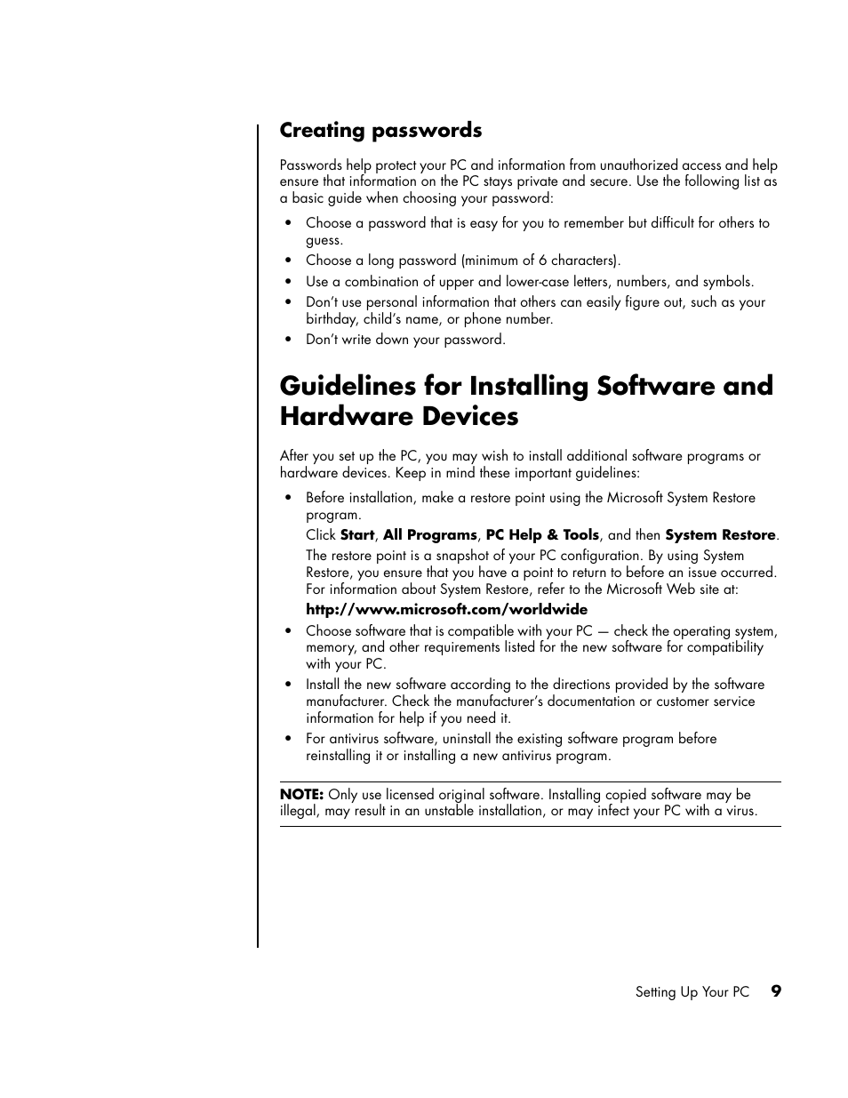 Creating passwords | HP PC User Manual | Page 15 / 120