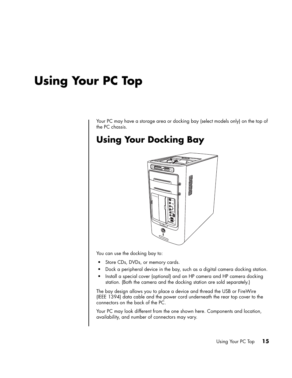 Using your pc top, Using your docking bay, Using your pc top using your docking bay | HP PC User Manual | Page 21 / 120