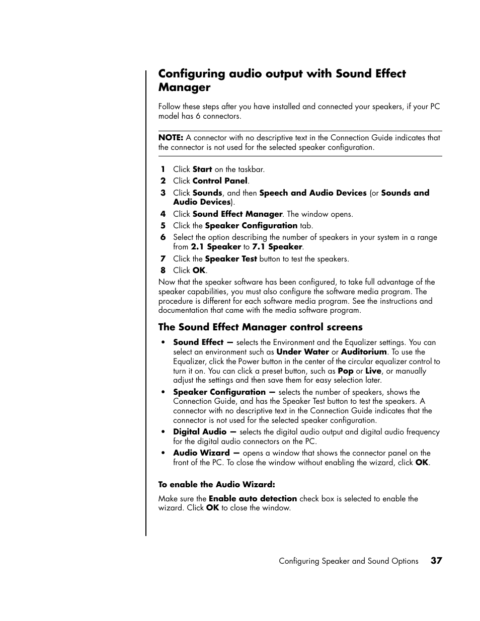 Configuring audio output with sound effect manager | HP PC User Manual | Page 43 / 120