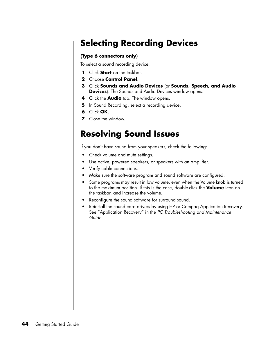 Selecting recording devices, Resolving sound issues, Selecting recording devices resolving sound issues | HP PC User Manual | Page 50 / 120