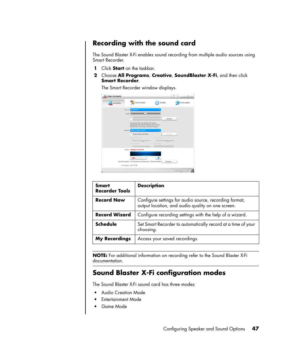 Recording with the sound card, Sound blaster x-fi configuration modes | HP PC User Manual | Page 53 / 120