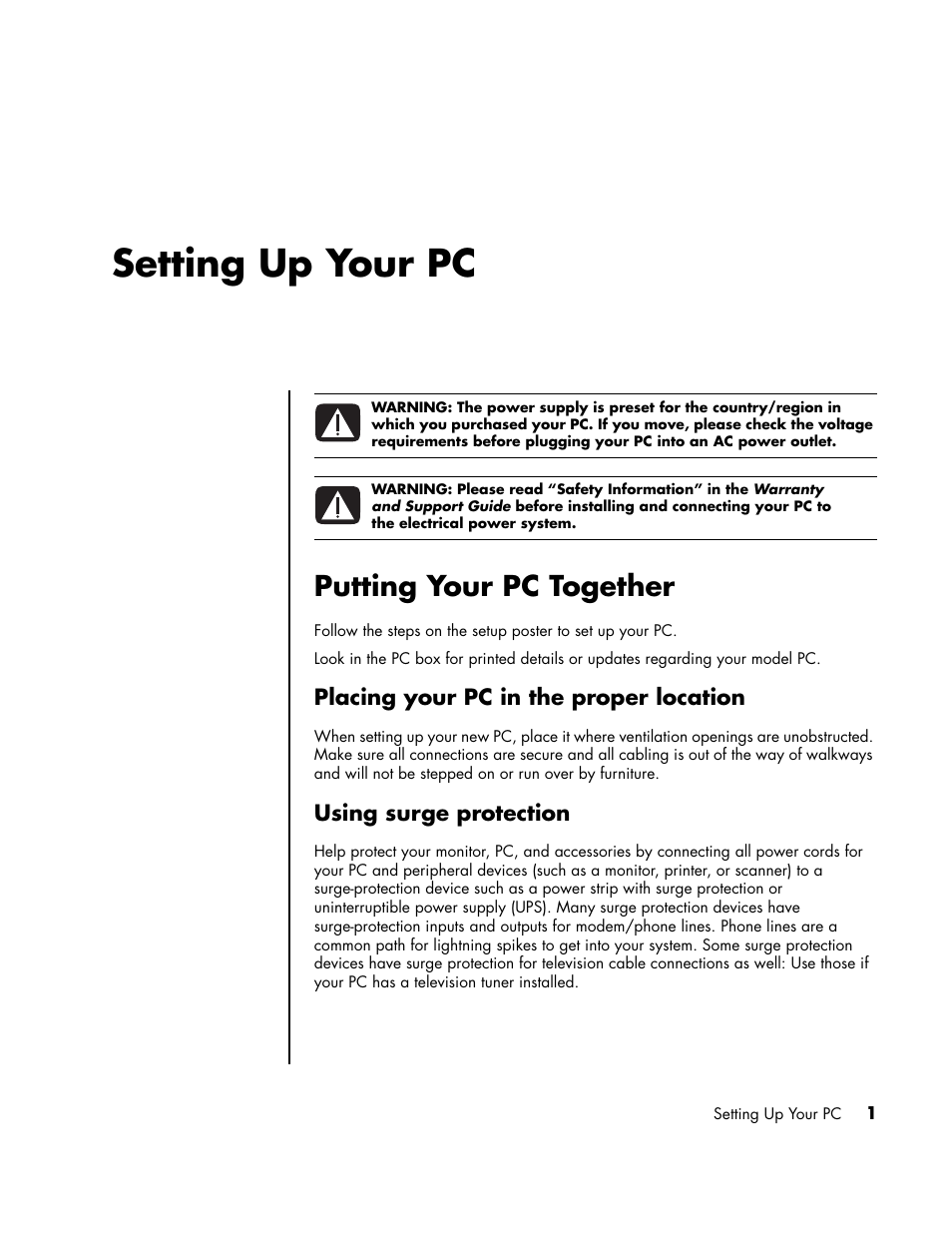 Setting up your pc, Putting your pc together, Placing your pc in the proper location | Using surge protection, Setting up your pc putting your pc together | HP PC User Manual | Page 7 / 120