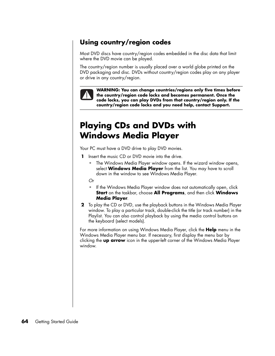 Using country/region codes, Playing cds and dvds with windows media player | HP PC User Manual | Page 70 / 120