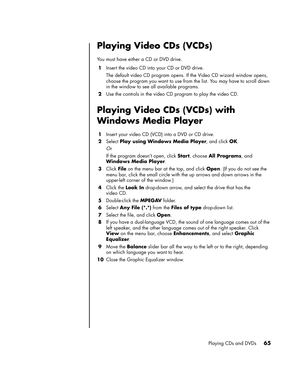 Playing video cds (vcds), Playing video cds (vcds) with windows media player | HP PC User Manual | Page 71 / 120