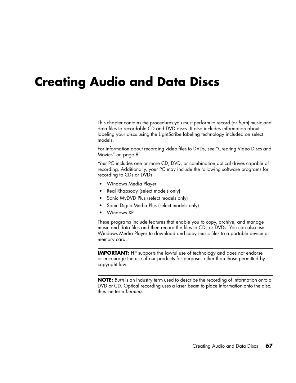 Creating audio and data discs | HP PC User Manual | Page 73 / 120