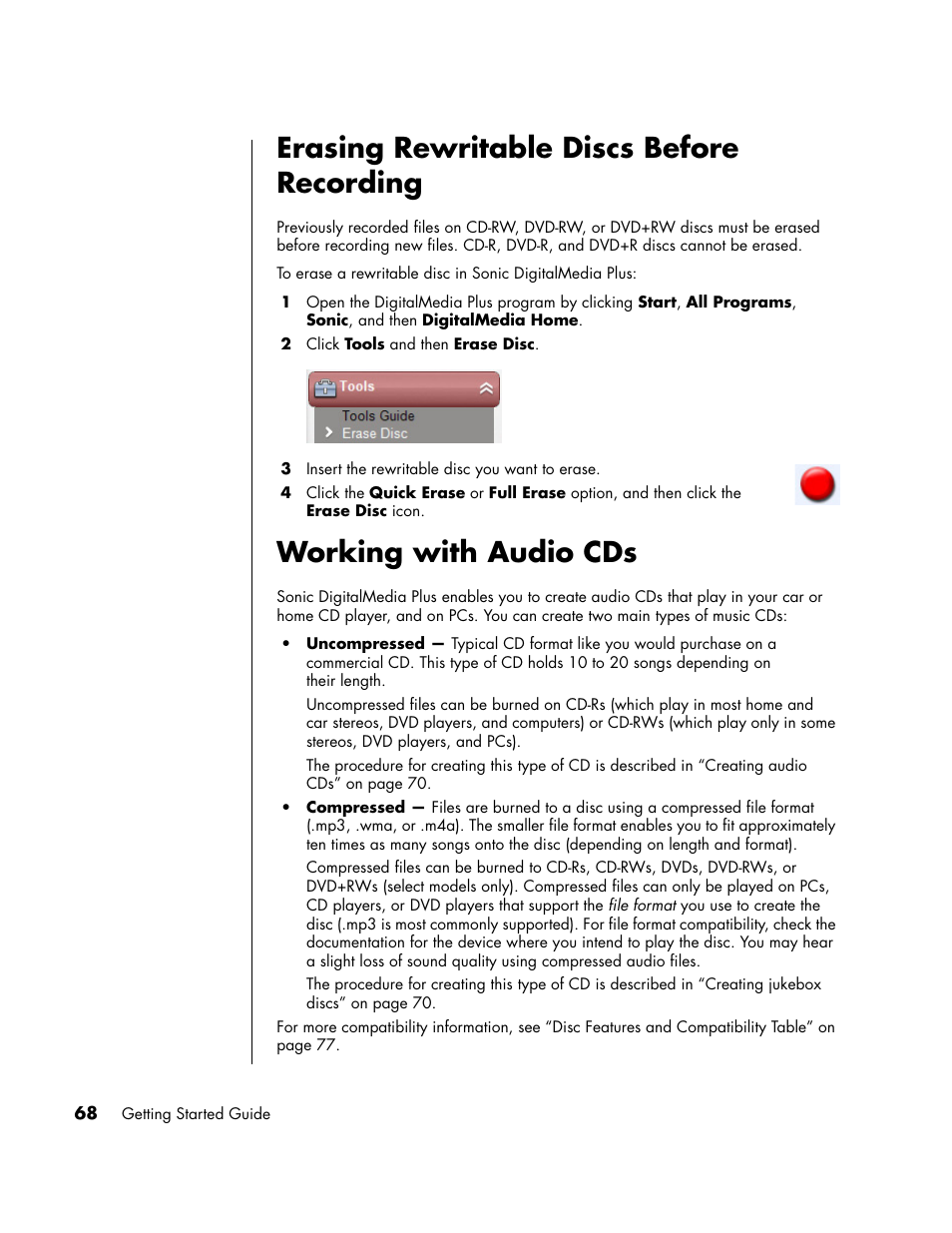 Erasing rewritable discs before recording, Working with audio cds | HP PC User Manual | Page 74 / 120