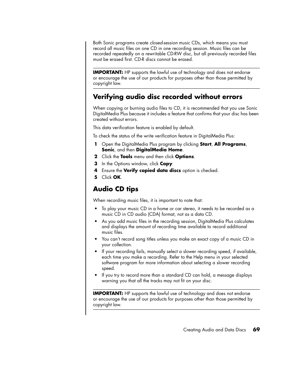 Verifying audio disc recorded without errors, Audio cd tips | HP PC User Manual | Page 75 / 120