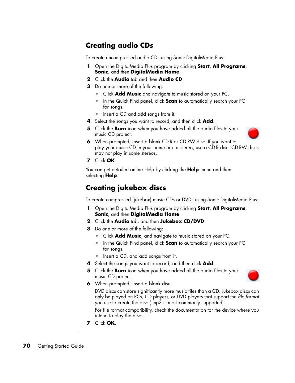 Creating audio cds, Creating jukebox discs, Creating audio cds creating jukebox discs | HP PC User Manual | Page 76 / 120