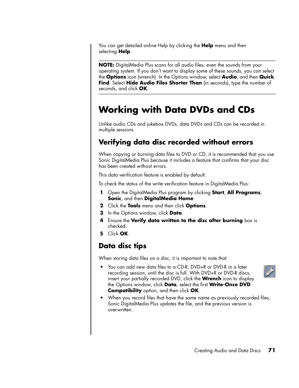 Working with data dvds and cds, Verifying data disc recorded without errors, Data disc tips | HP PC User Manual | Page 77 / 120