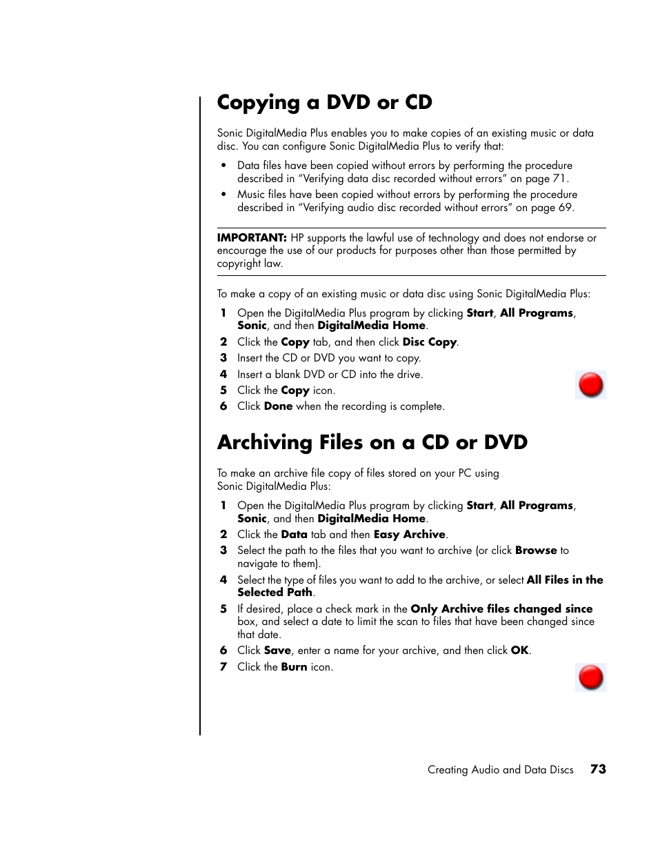 Copying a dvd or cd, Archiving files on a cd or dvd, Copying a dvd or cd archiving files on a cd or dvd | HP PC User Manual | Page 79 / 120