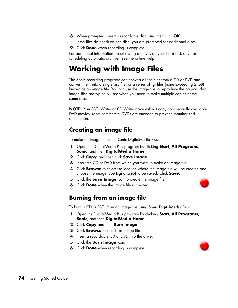 Working with image files, Creating an image file, Burning from an image file | Creating an image file burning from an image file | HP PC User Manual | Page 80 / 120