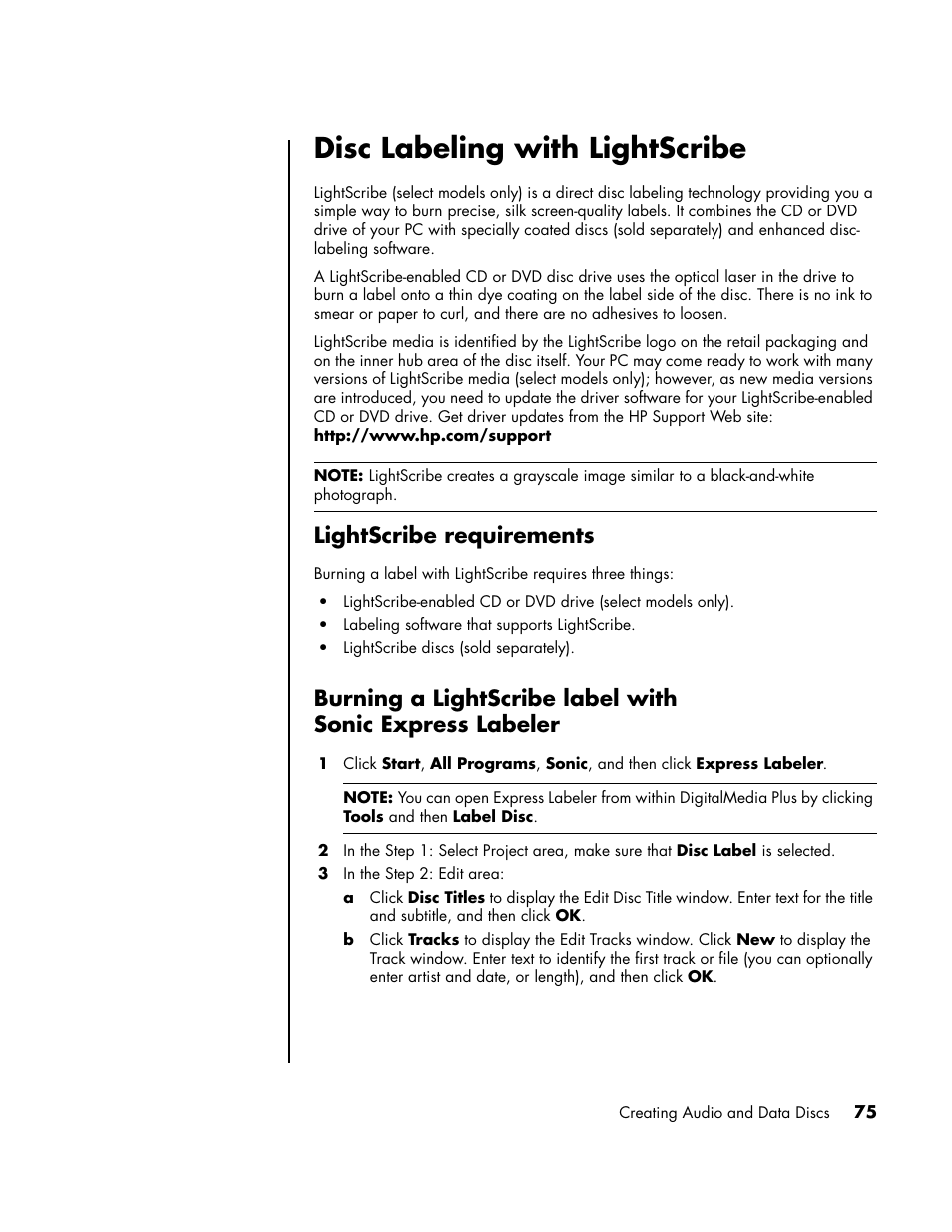 Disc labeling with lightscribe, Lightscribe requirements | HP PC User Manual | Page 81 / 120