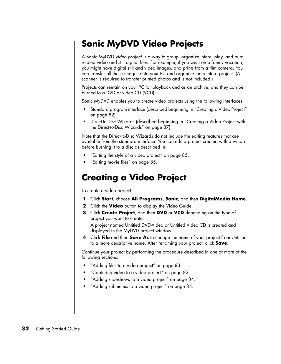 Sonic mydvd video projects, Creating a video project | HP PC User Manual | Page 88 / 120