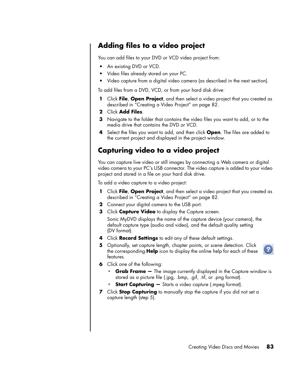 Adding files to a video project, Capturing video to a video project | HP PC User Manual | Page 89 / 120