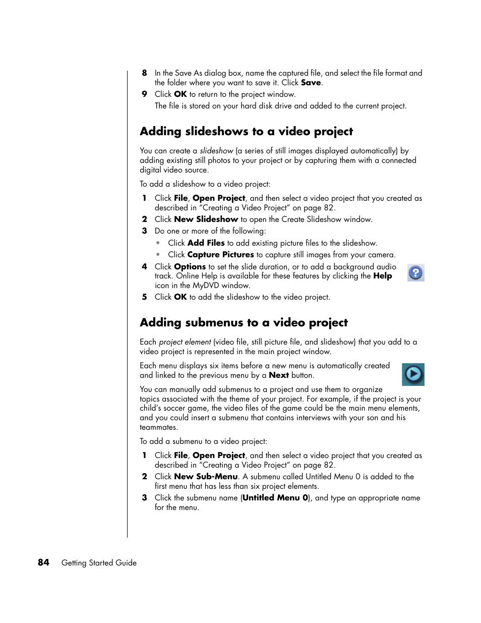 Adding slideshows to a video project, Adding submenus to a video project | HP PC User Manual | Page 90 / 120