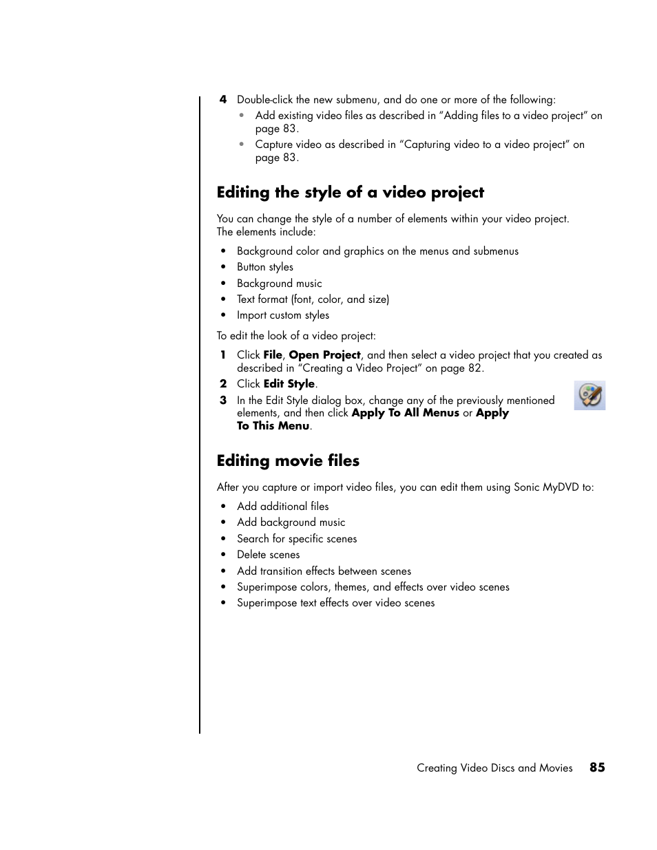 Editing the style of a video project, Editing movie files | HP PC User Manual | Page 91 / 120