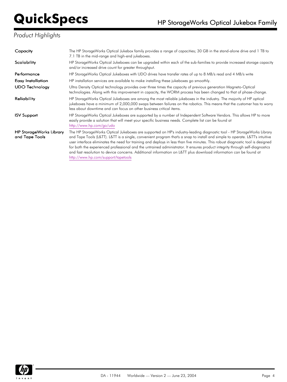 Product highlights, Quickspecs, Hp storageworks optical jukebox family | HP 7100ux User Manual | Page 4 / 13