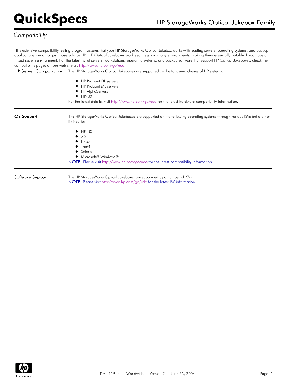 Compatibility, Quickspecs, Hp storageworks optical jukebox family | HP 7100ux User Manual | Page 5 / 13