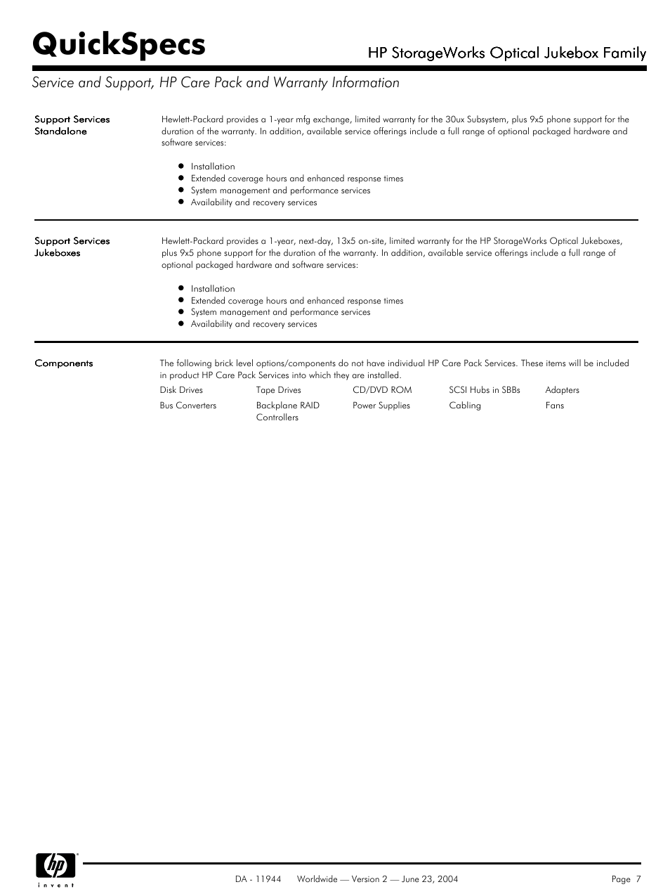 Quickspecs, Hp storageworks optical jukebox family | HP 7100ux User Manual | Page 7 / 13
