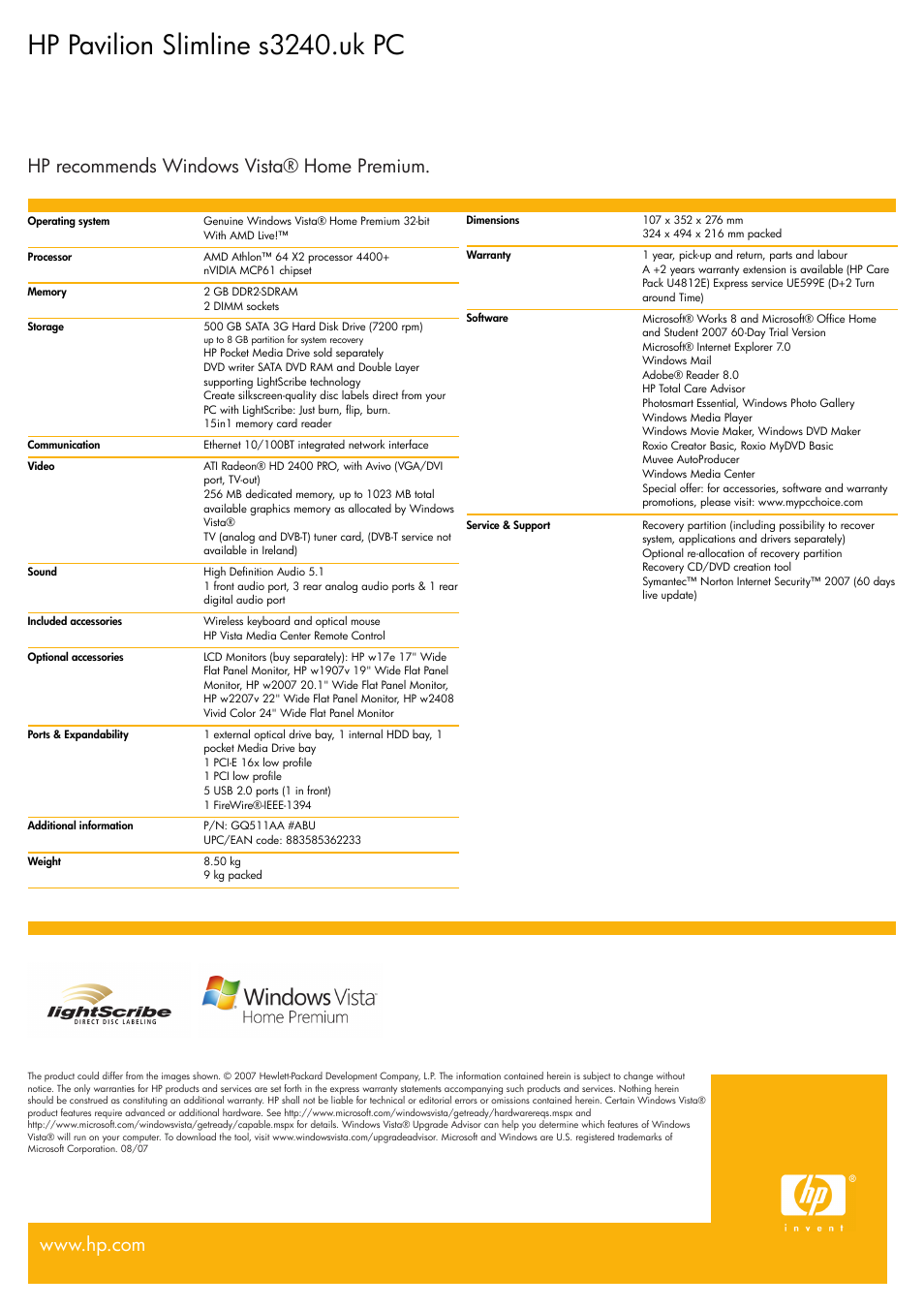 Hp pavilion slimline s3240.uk pc | HP S3240 User Manual | Page 2 / 2