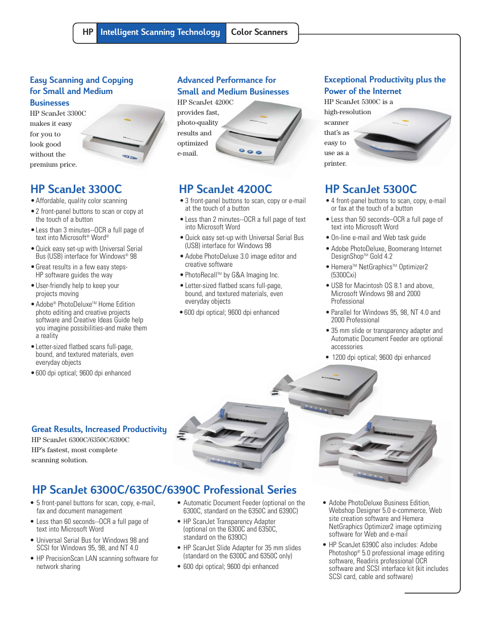 Hp scanjet 3300c, Hp scanjet 4200c, Hp scanjet 5300c | Great results, increased productivity | HP ScanJet 6390C User Manual | Page 2 / 6