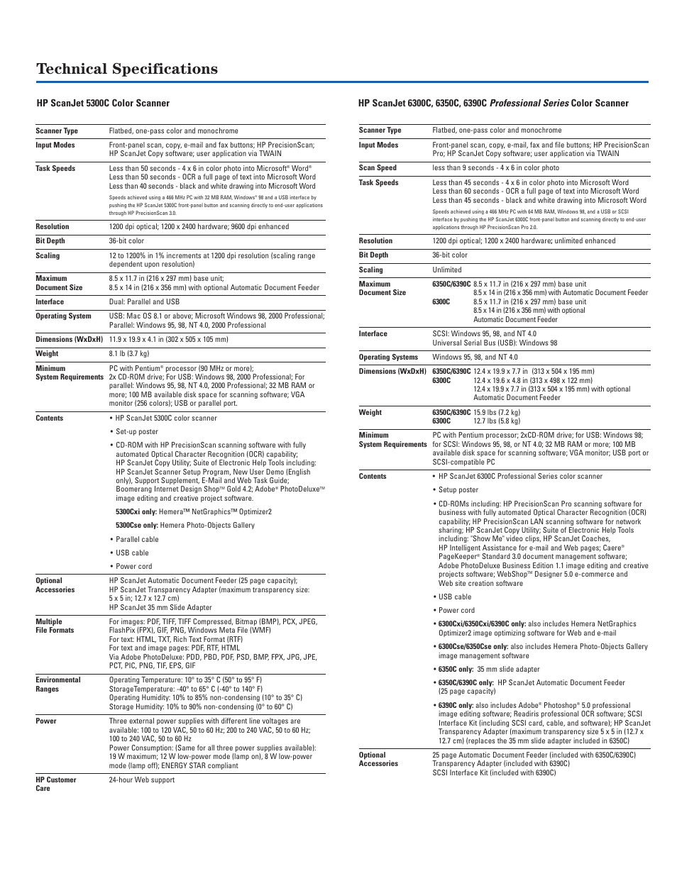 Technical specifications, Hp scanjet 5300c color scanner | HP ScanJet 6390C User Manual | Page 4 / 6