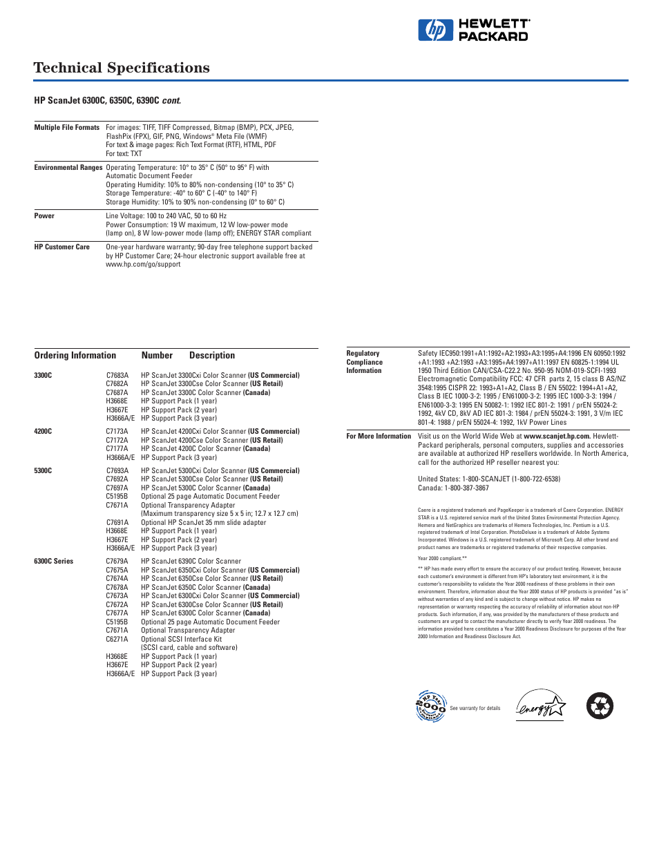 Technical specifications, Ordering information number description | HP ScanJet 6390C User Manual | Page 5 / 6