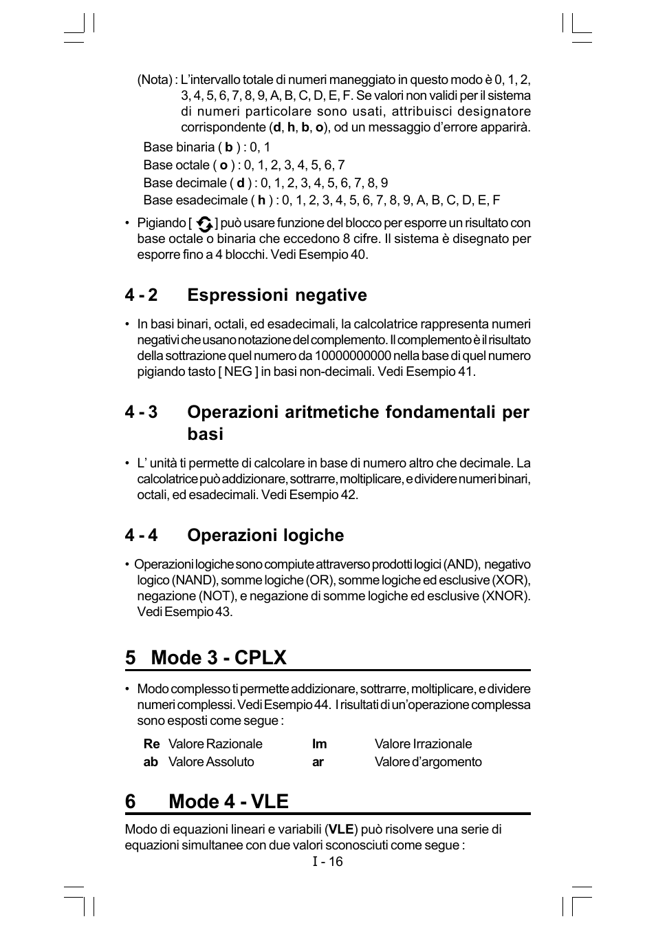 5 mode 3 - cplx, 6mode 4 - vle, 4 - 2 espressioni negative | 4 - 3 operazioni aritmetiche fondamentali per basi, 4 - 4 operazioni logiche | CITIZEN SRP-280 User Manual | Page 103 / 200