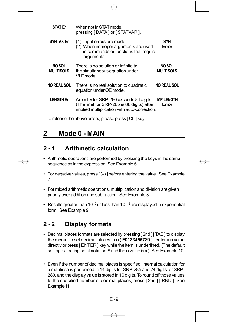 2mode 0 - main, 2 - 1 arithmetic calculation, 2 - 2 display formats | CITIZEN SRP-280 User Manual | Page 11 / 200
