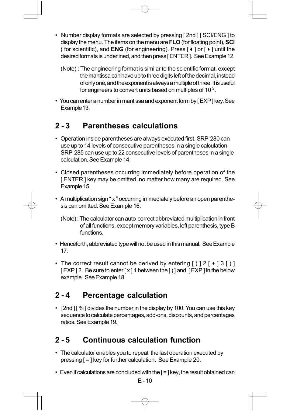 2 - 3 parentheses calculations, 2 - 4 percentage calculation, 2 - 5 continuous calculation function | CITIZEN SRP-280 User Manual | Page 12 / 200