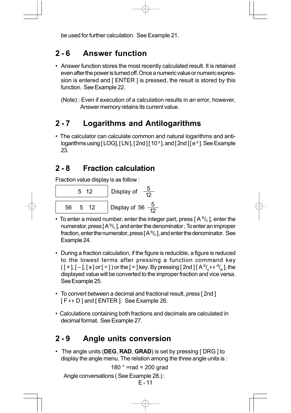 2 - 6 answer function, 2 - 7 logarithms and antilogarithms, 2 - 8 fraction calculation | 2 - 9 angle units conversion | CITIZEN SRP-280 User Manual | Page 13 / 200