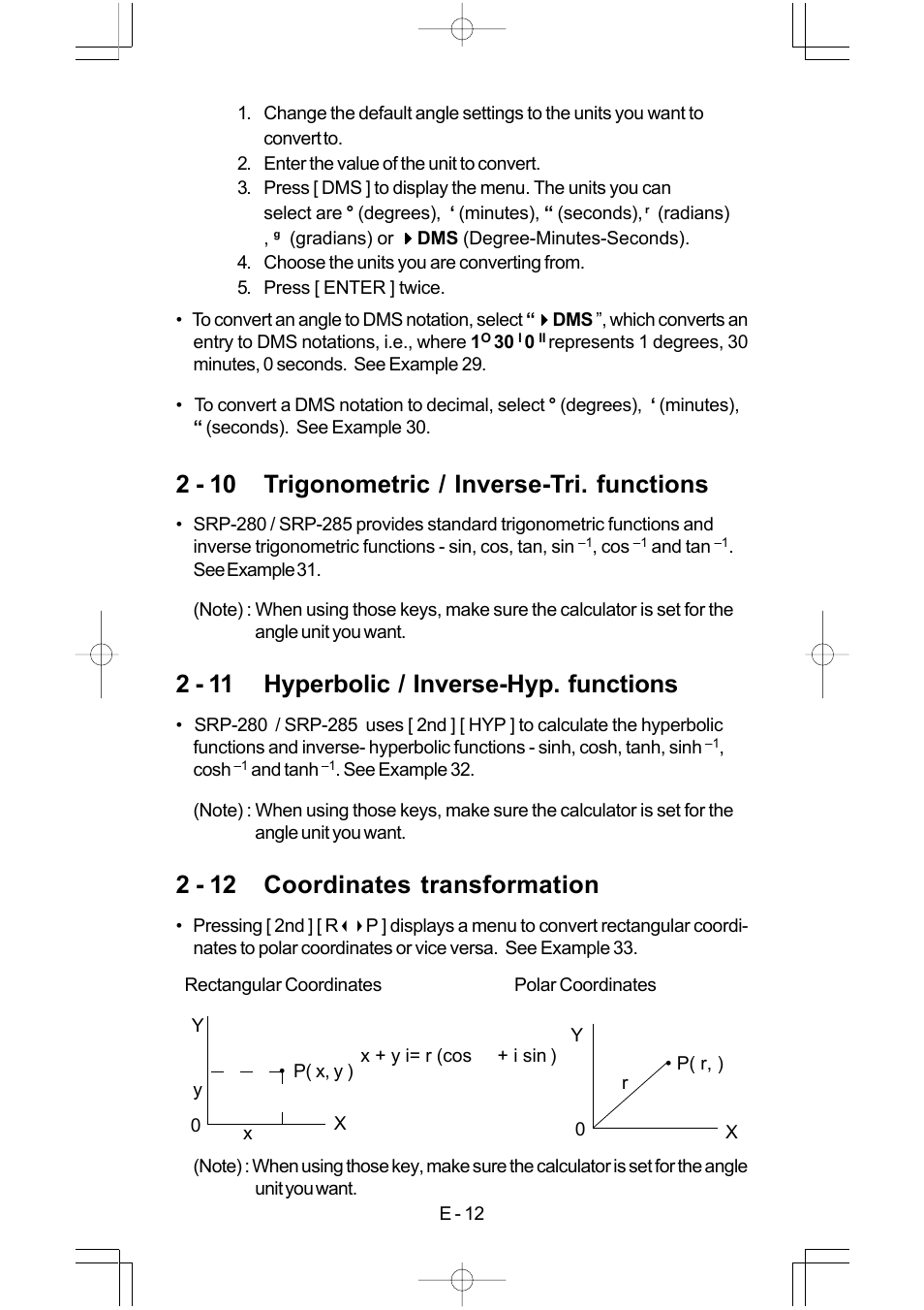 2 - 10 trigonometric / inverse-tri. functions, 2 - 11 hyperbolic / inverse-hyp. functions, 2 - 12 coordinates transformation | CITIZEN SRP-280 User Manual | Page 14 / 200
