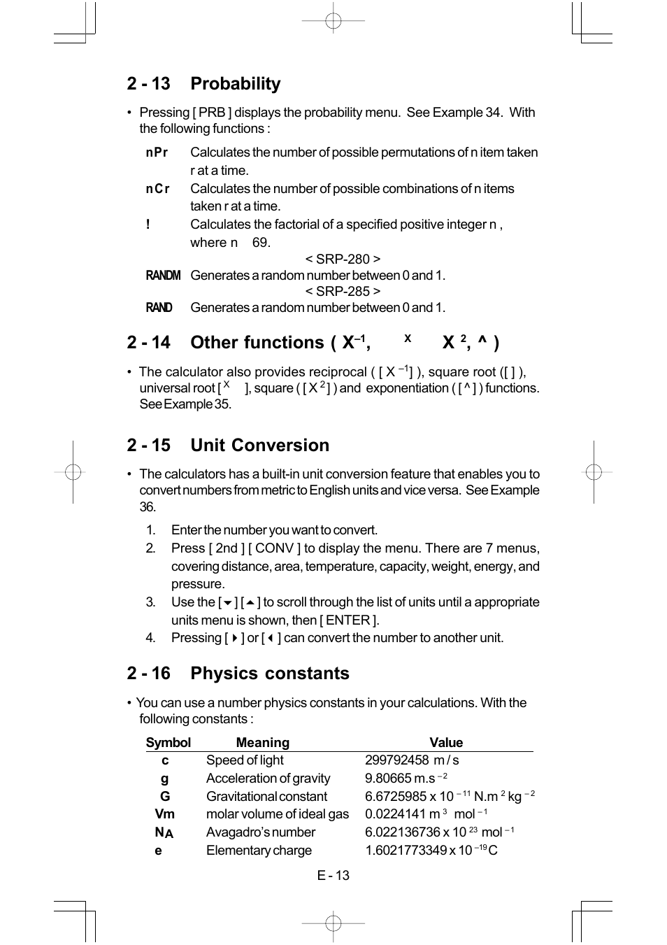 2 - 13 probability, 2 - 14 other functions ( x, 2 - 15 unit conversion | 2 - 16 physics constants | CITIZEN SRP-280 User Manual | Page 15 / 200