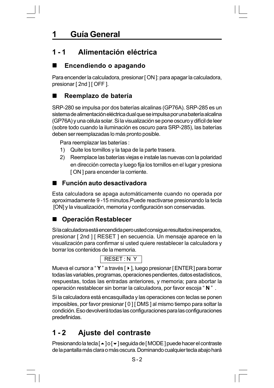 1guía generai, 1 - 1 alimentación eléctrica, 1 - 2 ajuste del contraste | CITIZEN SRP-280 User Manual | Page 20 / 200