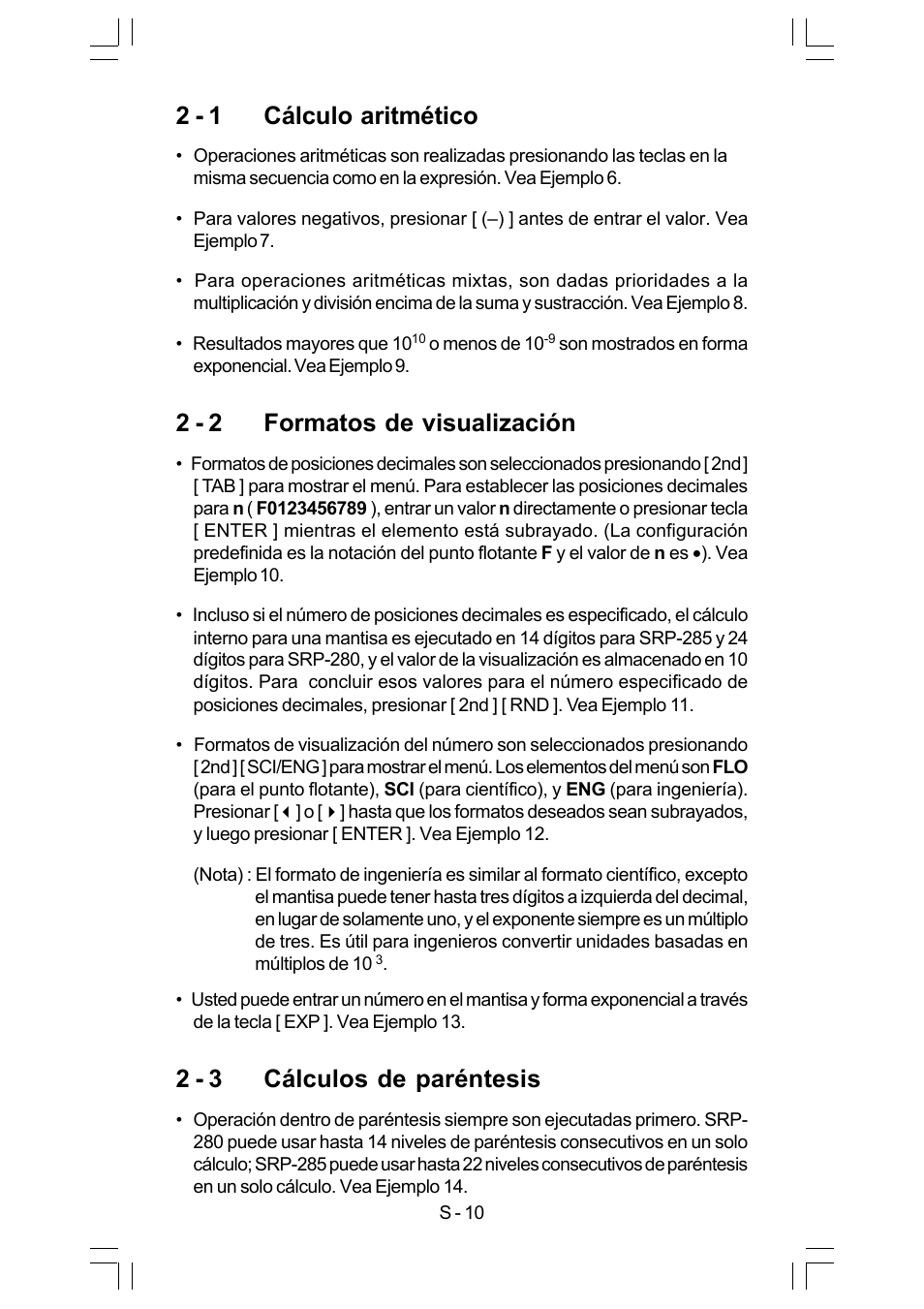 2 - 1 cálculo aritmético, 2 - 2 formatos de visualización, 2 - 3 cálculos de paréntesis | CITIZEN SRP-280 User Manual | Page 28 / 200